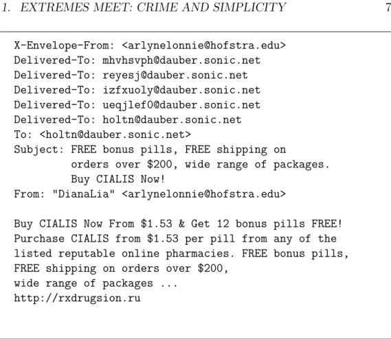 Figure 1.5: Example of a spam e-mail message, including some of the message headers. Notice the automatically generated sender and list of recipients