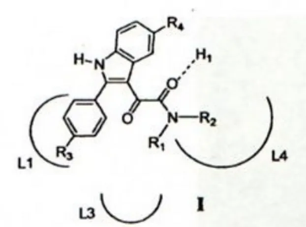 Fig. 9  N,N-dialchil-2-fenilindolgliossilamidi I nel modello farmacoforo/topologico  