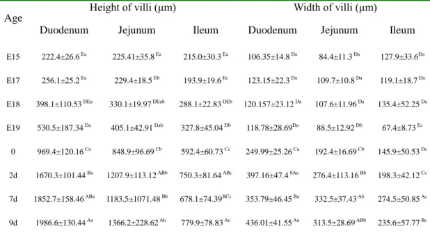 Table 3 The height  and  width  of the small intestinal  villi of embryos  and chicks at  different  ages 