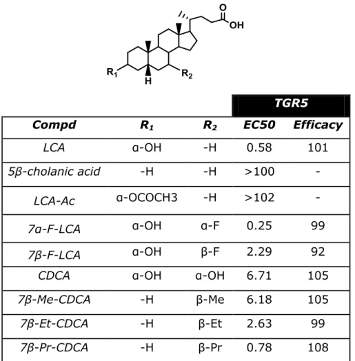 Figura 12 attività di alcuni ligandi stroidei dei recettori degli acidi biliari in relazione alla sostituzione della  posizione C3 e C7 