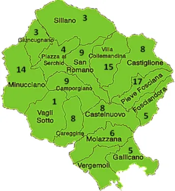 Figura 1. Distribuzione degli allevamenti ovini in Garfagnana per comuni