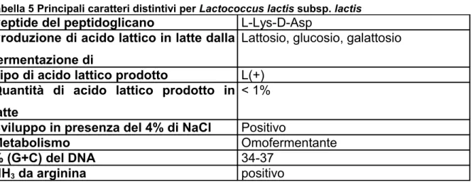 Tabella 5 Principali caratteri distintivi per Lactococcus lactis subsp. lactis