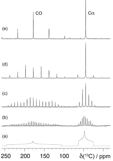 Fig.  18.  Simulated  static  powder  13C  spectrum  of  a  glycine  powder  sample  (a),  along  with  spectra  recorded  using  MAS  with  spinning  frequencies  of  1  to  10  kHz  (1,  2,  5  and 10  for  spectra  (b)  to  (e),  respectively) .