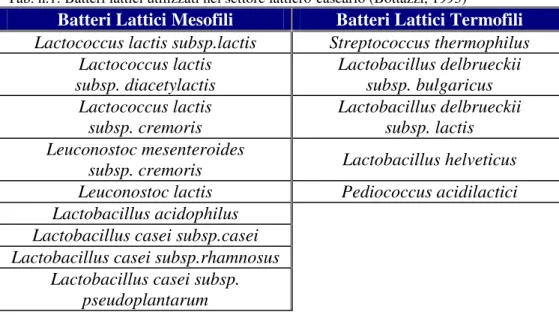 Tab. n.1: Batteri lattici utilizzati nel settore lattiero-caseario (Bottazzi, 1993)  