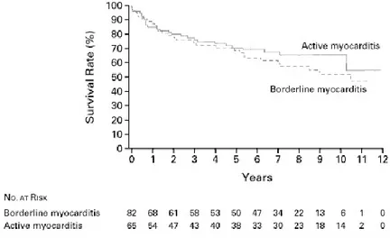Figura 5: La mortalità della miocardite borderline non differisce significativamente dalla Miocardite con necròsi; medscape.org