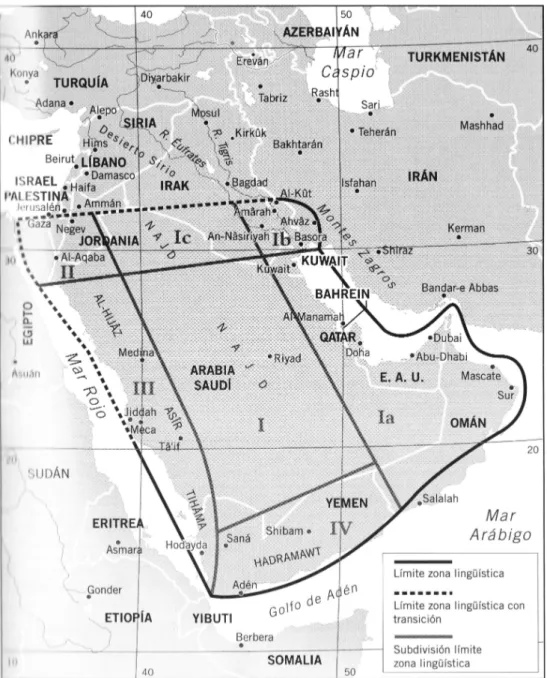 Figure 2.2: Arabian Peninsula: Linguistic Areas (Abboud-Haggar, 2003, p. 119)