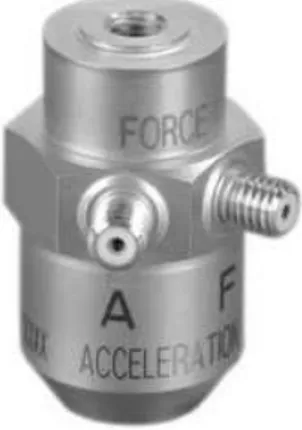 Figure 2.2: Picture of a commercial impedance head. Positioning labels can be noticed to help correct mounting of the sensor on the specimen