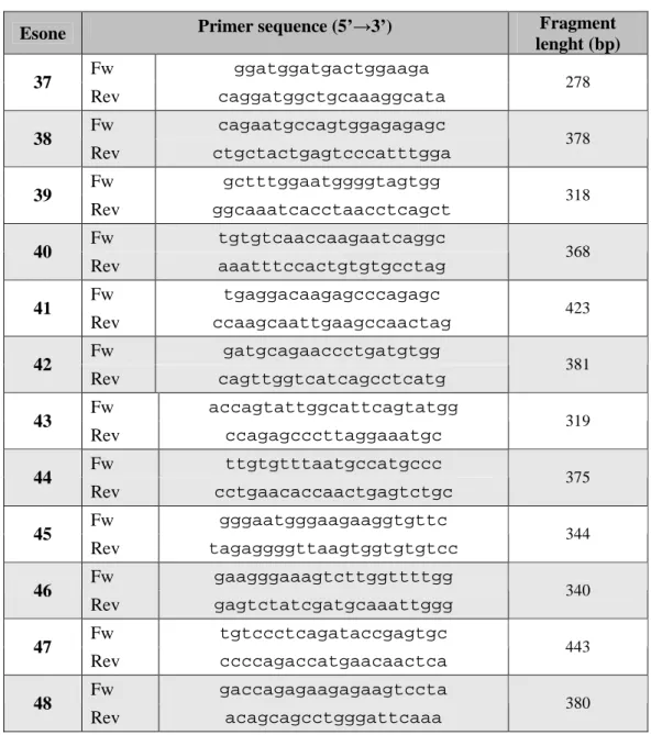 Tabella 2: Lista dei primers senso e antisenso utilizzati per amplificare il gene della TG