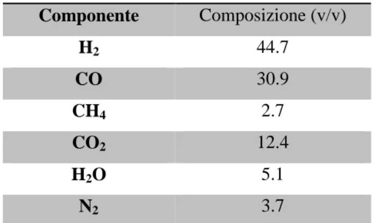 Tabella 9 - Composizione Syngas da gassificazione al plasma di scarto di pulper 