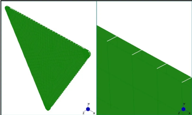 Figura 6.20 Modello agli Elementi Finiti del pannello triangolare e  particolare del collegamento fra le lastre.