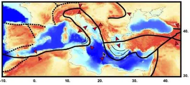 Fig. 2.1 Movimento delle placche tettoniche Euroasiatica e Africana 