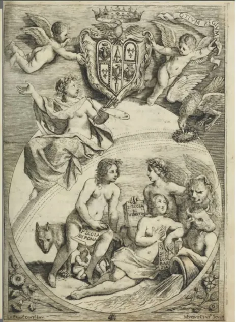 Figura 13  Frontespizio di    F. Scannelli, Microcosmo della Pittura, Cesena 1657,  Univerity of California, già Elmer Belt Library of Vinciana.