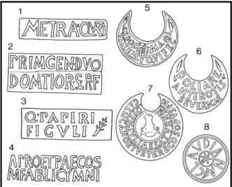 Fig. 17 - Tipologia bolli: 1) I secolo a.C. – CIL, XV, 966, 7 . 2) Età flavia (69-96) – CIL, XV, 1000  a