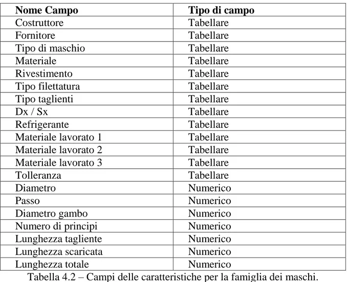 Tabella 4.2 – Campi delle caratteristiche per la famiglia dei maschi. 