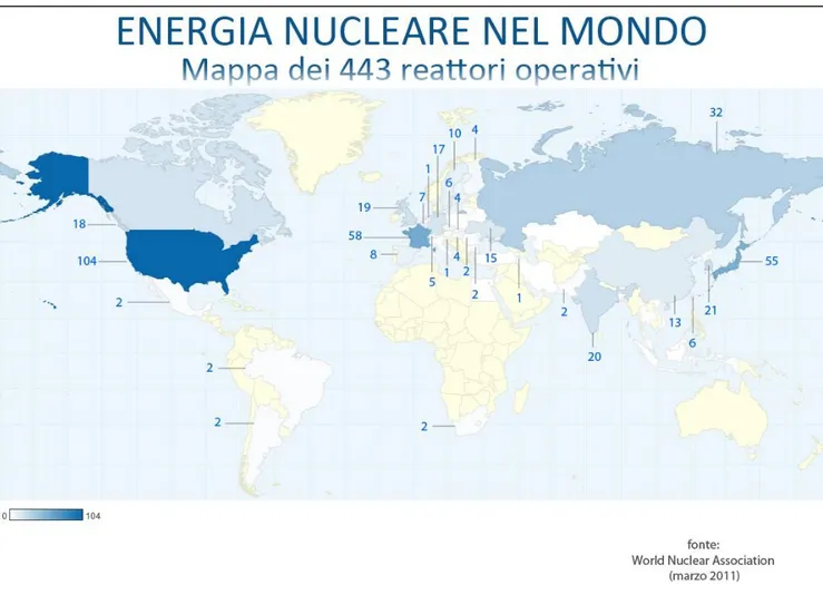 Fig. 1  Mappa complessiva delle centrali nucleari funzionanti nel mondo a marzo 2011 (Fonte: World  Nuclear Association) 