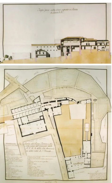 Figura 1.7: Rilievo Bernardo Fallani (1788); sezione e pianta piano terreno 