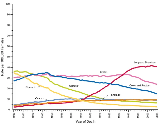Figura  1.1e:  Tasso  annuale  di  mortalità  cancro-correlata  aggiustato  per  età  per  il  sesso  maschile dal 1930 al 2005 negli Stati Uniti