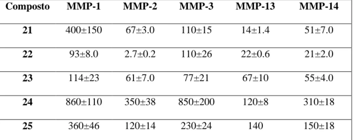 Tabella  8.  Attività  in  Vitro  a (valori  di  IC 50 µM)  dei  nuovi  inibitori  MMP-13                                             saggiati su alcune MMPs