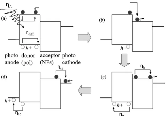 Figure 1.7  Illustration of the consecutive processes leading to a photocurrent within nanoparticle–