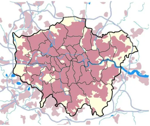 Figura 2 - Nello schema, in rosso il territorio della Grande Londra, attraversata dal Tamigi