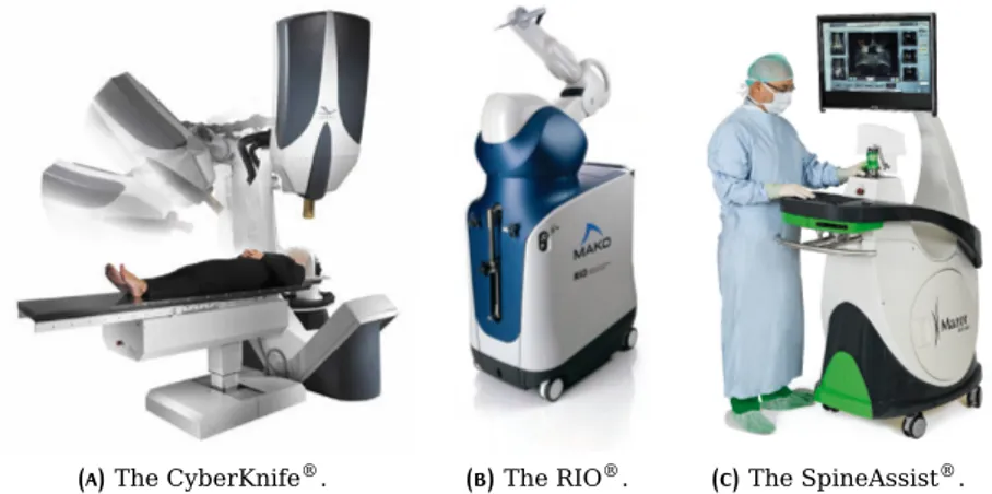 Figure 7: Three examples of commercial surgical robots for radiosurgery and orthopedics and spine surgery: the CyberKnife ® Robotic  Ra-diosurgery System by Accuray Inc
