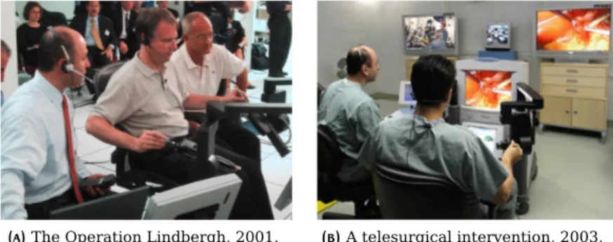 Figure 8: Two photos of the first telesurgeries: Dr. Marescaux and Dr. Gag- Gag-ner in New York (US) performing the Operation Lindbergh on 7 september 2001 (Figure 8a), and Dr