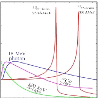 Figure 1.1: Comparison of the depth dose profiles of 120 keV X-rays, gamma of 60 Co, and Rontgen- Rontgen-Bremsstrahlung photons (E M AX = 18 MeV) with carbon ions of 250 M eV /u and 300 M eV /u [27].