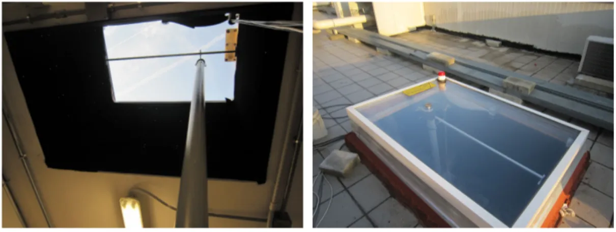 Figura 3.1: IFAC-LIDAR: due fotografie della finestra, presente sul tetto del laboratorio, che consente l’osservazione continua dell’atmosfera.