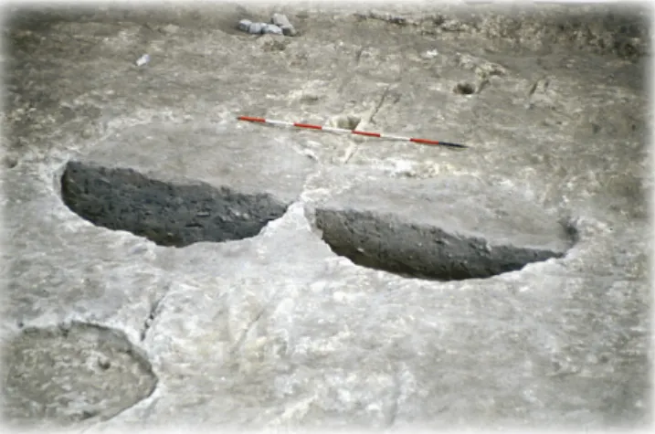 Fig. 4  Le strutture 24-25 parzialmente svuotate dal  sedimento con veduta della sezione (foto del ‘93)
