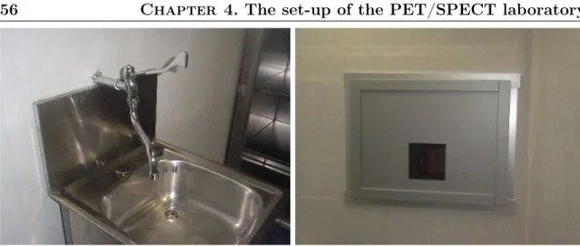 Figure 4.3: Photo of sink with holding tank for radioactive liquids (left) and of the lead- lead-glass window present on the wall separating the scan and console rooms (right).