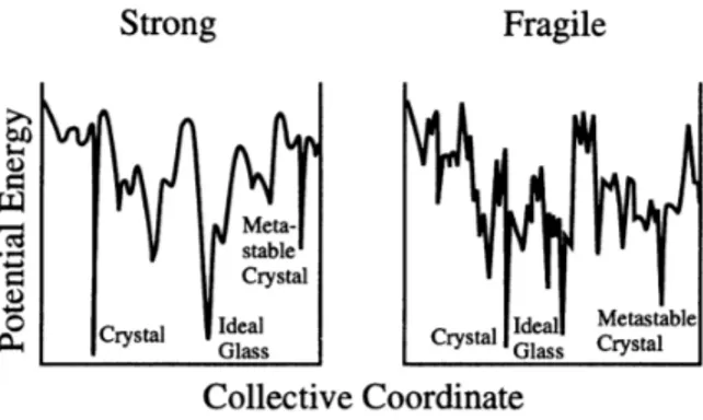 Figura 1.2: Rappresentazione schematica del profilo di energia potenziale in caso di vetro (a) forte e (b) fragile