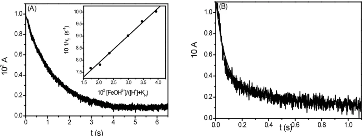 Figure 4.3 Stopped-flow experiments showing the kinetic behavior of Fe(ClO 4 ) 3  solutions  upon dilution jumps at I = 1 M (HClO 4 /NaClO 4 ) and T = 298 K: (A) C M  = 0.11 M, [H + ] =  0.1  M;  (B)  C M  =  0.036  M,  [H + ]  =  0.01  M