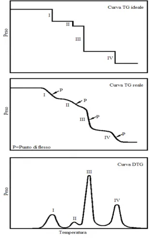 Figura 6.6: Curva TG ideale, curva TG reale, curva DTG 