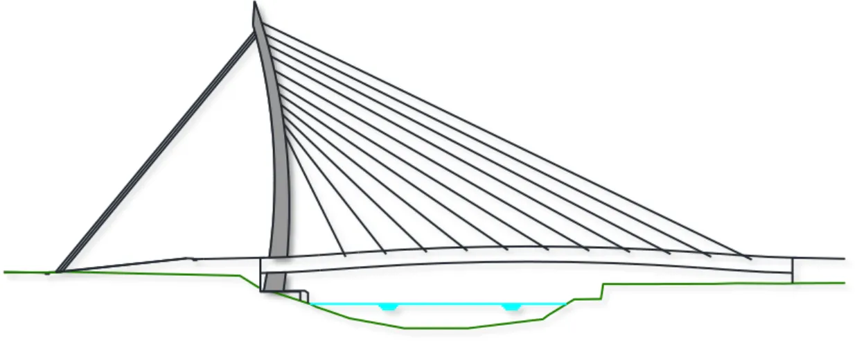 Figura 4.9 - Tipologia F – Antenna semplice, stralli di campata e riva ad arpa  
