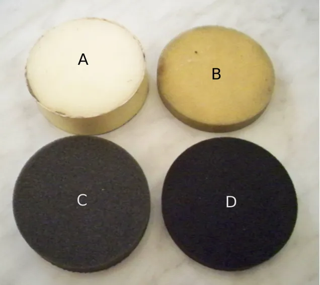 Figure 3.2: Schiume melamminiche - A mel. bianca, B mel. gialla, C mel grigia, D mel. nera