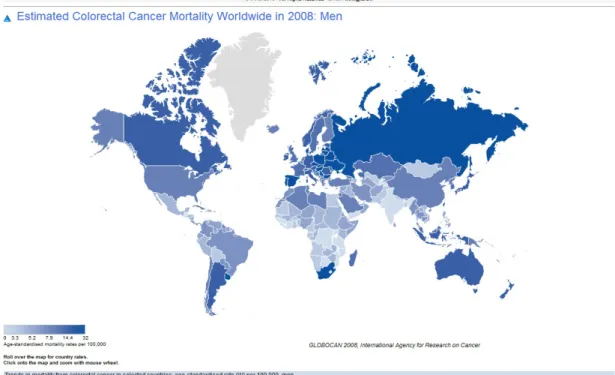 Fig. 4: Mortalità per CCR nel mondo nel sesso femminile: tasso di mortalità su  100000 soggetti 
