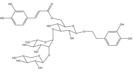 Fig.  3.8  Struttura  del  composto  3,  (3,4-diidrossifenil)etil-O-β-D-xilopiranosil-(1→2)-α-L-ramnopiranosil- (3,4-diidrossifenil)etil-O-β-D-xilopiranosil-(1→2)-α-L-ramnopiranosil-(1→3)-6-O-t-caffeoil-β-D-glucopiranoside