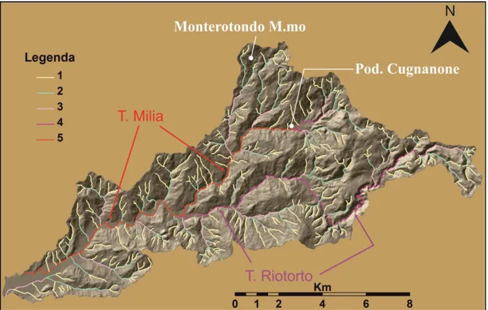 Figura 18 – Il reticolo idrografico del bacino della Milia e suddivisione in ordini dei relativi elementi secondo la  classificazione proposta da Strahler (1952)