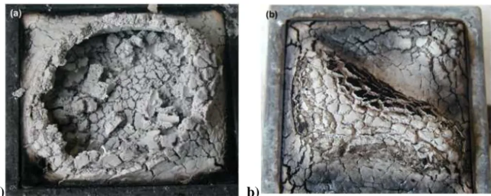 Figure 1.3.1.1: Pictures of LDPE/EVA filled samples after cone calorimeter test: a) Hydromagnesite/ATH  (30/30); b) Hydromagnesite/ATH/Montmorillonite (15/30/5)