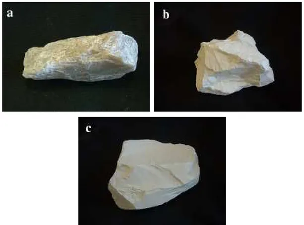 Figure 3.1.2: Photos of the stones used as raw material for natural fillers production: brucite (a), magnesite  (b) and limestone (c).