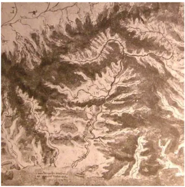 Figura 65 La valle dell'Arno in un dipinto di Leonardo da Vinci. 