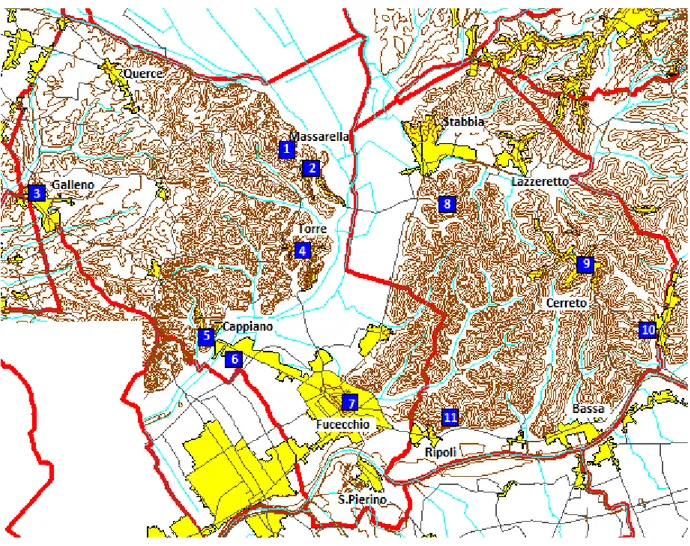 Figura 67  I castelli nei due comuni nei secoli centrali del M Galleno 3; Ultrario 4; Flesso 5; Camarini 6; Salamarzana 7 Collegonzi 10; Castello di Colle alla Pietra 11