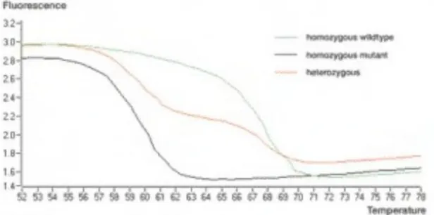 Figura 15 Esempio di curve di melting : nell’asse delle ascisse è  riportata la temperatura, in quello delle  ordinate il segnale di fluorescenza