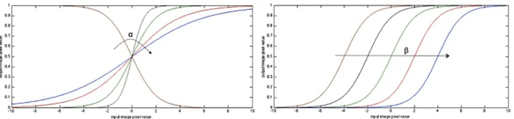 Figure 1.4: Sigmoid filter transform function - Intensity transform function of sigmoid ﬁlter: eﬀect of α (a) and β (b) parameters
