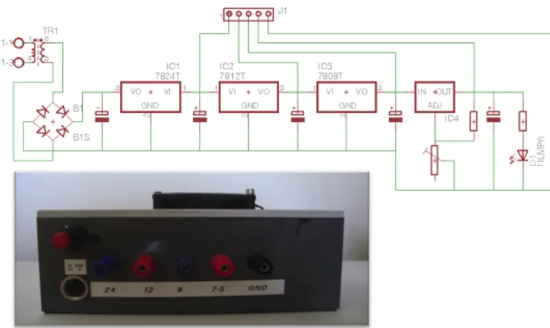 Figure 2.2: PAM 2 power supply - PAM 2 power supply schematic circuit (upper part) and the external panel of the case