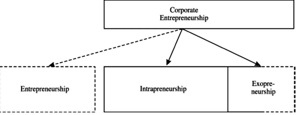 Figura  2.5.  Relazione  tra  corporate  entrepreneurship,  entrepreneurship,   intrapreneurship e exopreneurship