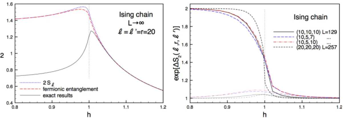 Figure 3.9: S 2 for non critical models - Left: Comparison of the R` enyi entropy S 2 for a non-critical Ising model of two disjoint intervals versus the double of the single interval and the fermionic one