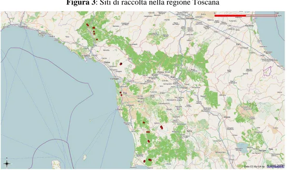 Figura 3: Siti di raccolta nella regione Toscana 