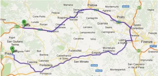 Figura 5.1: Mappa del tragitto Pisa, Firenze, Lucca (150 Km)
