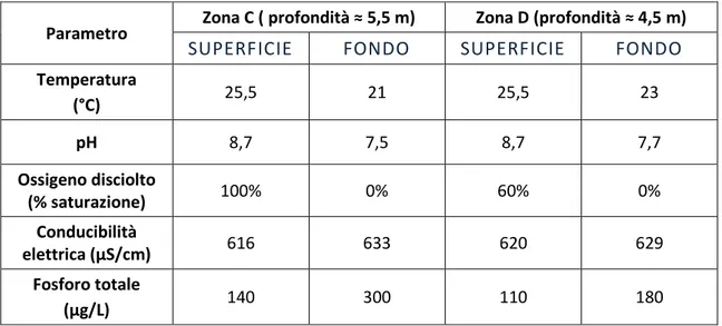 Tabella 2-3 Campionamento del 20 agosto 2009, estratto dei dati fisico-chimici presentati da Martineau (2009) 